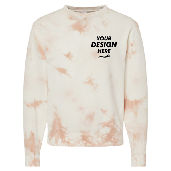 Independent Trading Co. Unisex Midweight Tie-Dyed Crewneck Sweatshirt, Tie Dye Dusty Pink, Front view, Mockup