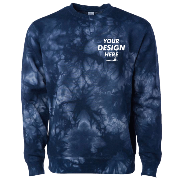 Independent Trading Co. Unisex Midweight Tie-Dyed Crewneck Sweatshirt, Tie Dye Navy, Front view, Mockup