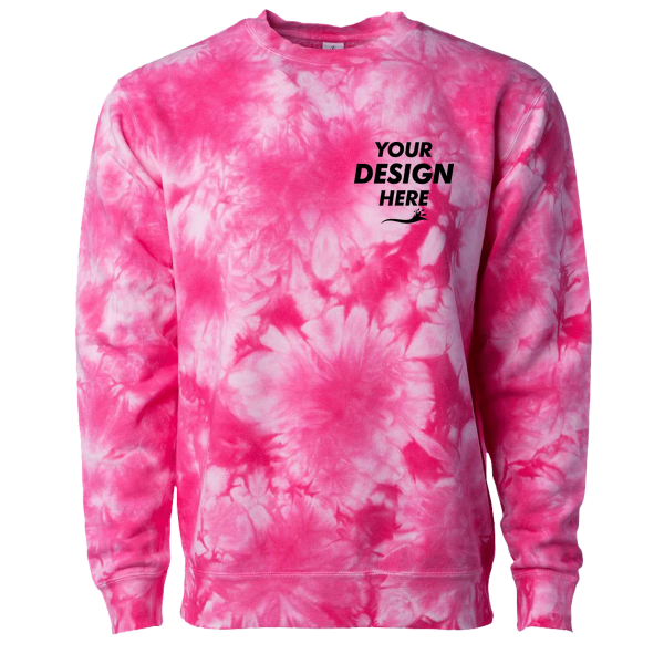 Independent Trading Co. Unisex Midweight Tie-Dyed Crewneck Sweatshirt, Tie Dye Pink, Front view, Mockup