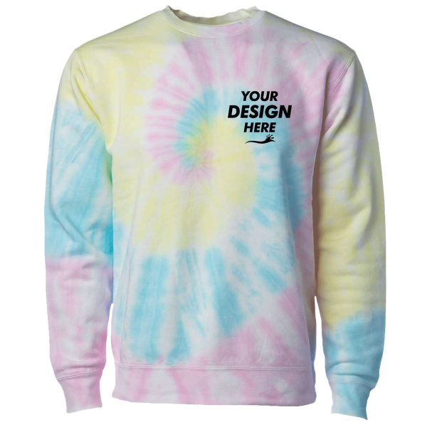 Independent Trading Co. Unisex Midweight Tie-Dyed Crewneck Sweatshirt, Tie Dye Sunset Swirl, Front view, Mockup