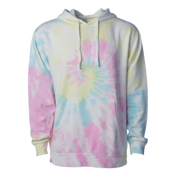 Independent Trading Co. Unisex Midweight Tie-Dyed Hooded Sweatshirt, Tie Dye Sunset Swirl, Front view