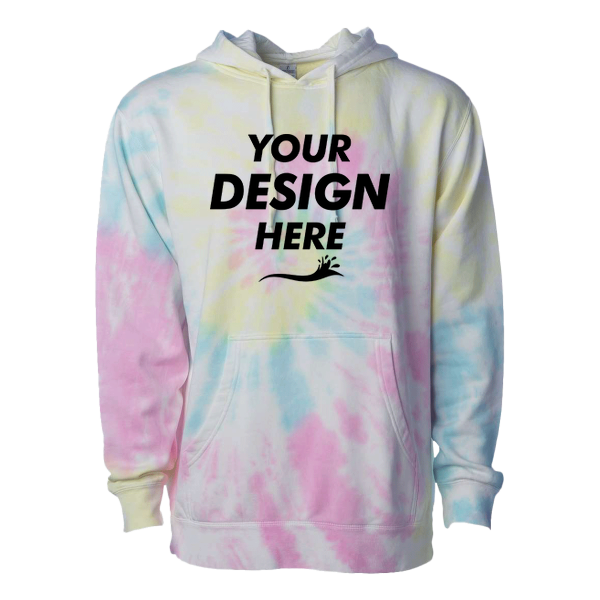 Independent Trading Co. Unisex Midweight Tie-Dyed Hooded Sweatshirt, Tie Dye Sunset Swirl, Front view, Mockup