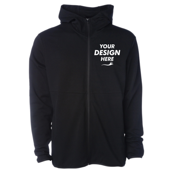 Independent Trading Co. Unisex Perform Full-Zip Hooded Sweatshirt, Black, Front view, Mockup
