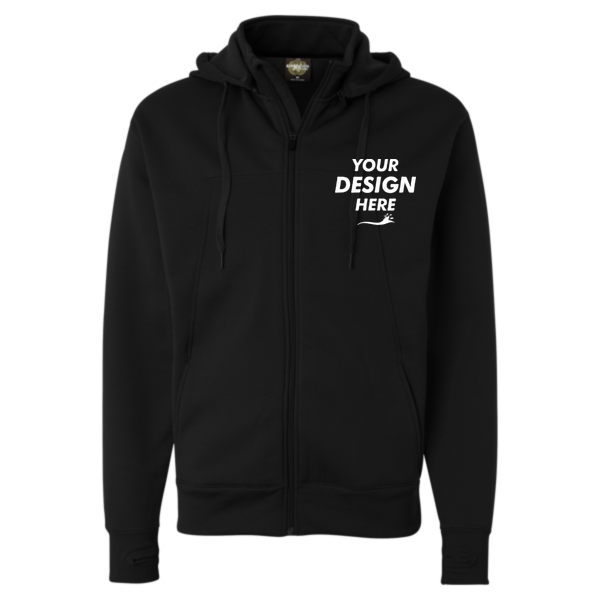 Independent Trading Co. Unisex Poly-Tech Full-Zip Hooded Sweatshirt, Black, Front view, Mockup