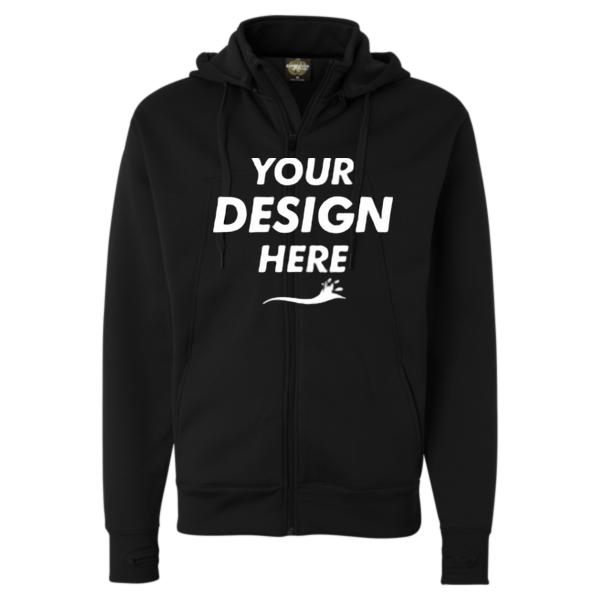 Independent Trading Co. Unisex Poly-Tech Full-Zip Hooded Sweatshirt, Black, Front view, Mockup