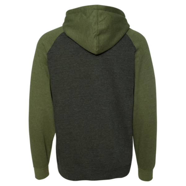 Independent Trading Co. Unisex Raglan Hooded Sweatshirt, Charcoal Heather / Army Heather, Back view