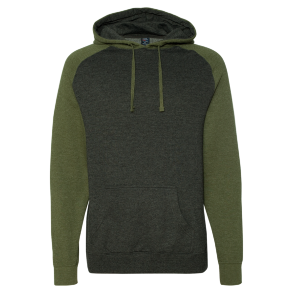 Independent Trading Co. Unisex Raglan Hooded Sweatshirt, Charcoal Heather / Army Heather, Front view