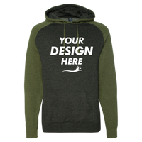 Independent Trading Co. Unisex Raglan Hooded Sweatshirt, Charcoal Heather / Army Heather, Front view, Mockup