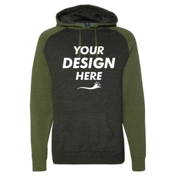 Independent Trading Co. Unisex Raglan Hooded Sweatshirt, Charcoal Heather / Army Heather, Front view, Mockup