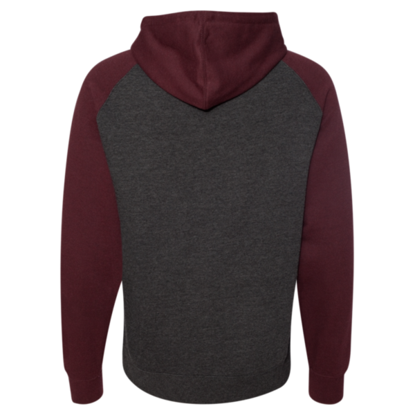Independent Trading Co. Unisex Raglan Hooded Sweatshirt, Charcoal Heather / Burgundy Heather, Back view