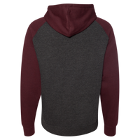 Independent Trading Co. Unisex Raglan Hooded Sweatshirt, Charcoal Heather / Burgundy Heather, Back view