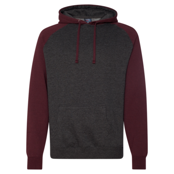 Independent Trading Co. Unisex Raglan Hooded Sweatshirt, Charcoal Heather / Burgundy Heather, Front view