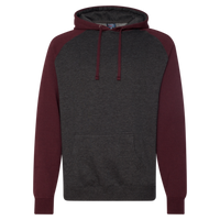 Independent Trading Co. Unisex Raglan Hooded Sweatshirt, Charcoal Heather / Burgundy Heather, Front view