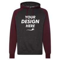 Independent Trading Co. Unisex Raglan Hooded Sweatshirt, Charcoal Heather / Burgundy Heather, Front view, Mockup