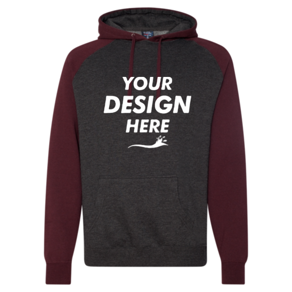 Independent Trading Co. Unisex Raglan Hooded Sweatshirt, Charcoal Heather / Burgundy Heather, Front view, Mockup
