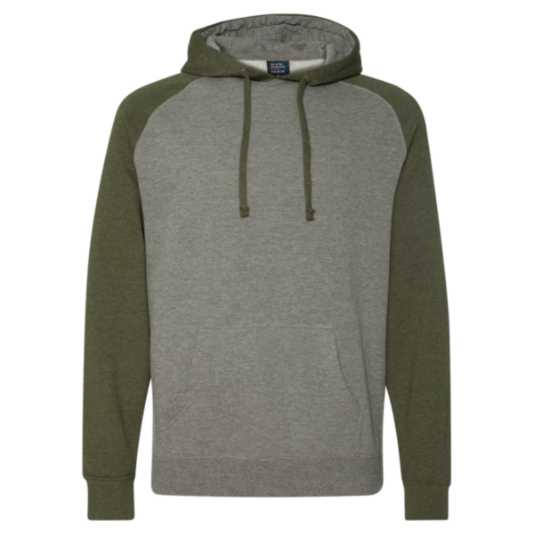 Independent Trading Co. Unisex Raglan Hooded Sweatshirt, Gunmetal Heather / Army Heather, Front view