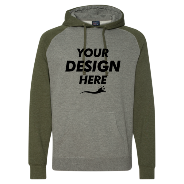 Independent Trading Co. Unisex Raglan Hooded Sweatshirt, Gunmetal Heather / Army Heather, Front view, Mockup