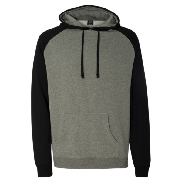Independent Trading Co. Unisex Raglan Hooded Sweatshirt, Gunmetal Heather / Black, Front view