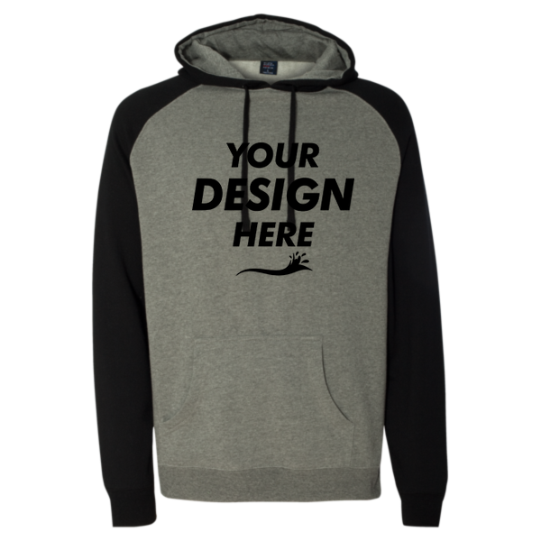 Independent Trading Co. Unisex Raglan Hooded Sweatshirt, Gunmetal Heather / Black, Front view, Mockup