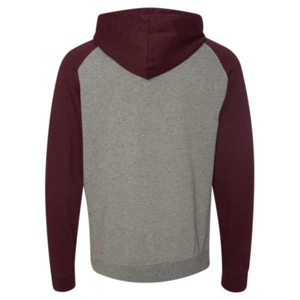 Independent Trading Co. Unisex Raglan Hooded Sweatshirt, Gunmetal Heather / Burgundy Heather, Back view