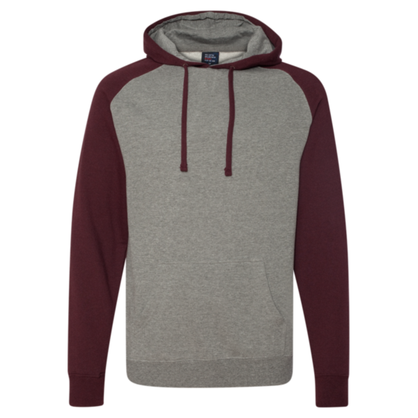 Independent Trading Co. Unisex Raglan Hooded Sweatshirt, Gunmetal Heather / Burgundy Heather, Front view