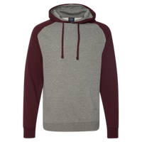Independent Trading Co. Unisex Raglan Hooded Sweatshirt, Gunmetal Heather / Burgundy Heather, Front view