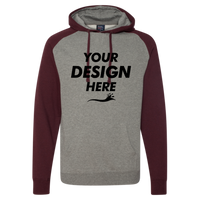 Independent Trading Co. Unisex Raglan Hooded Sweatshirt, Gunmetal Heather / Burgundy Heather, Front view, Mockup