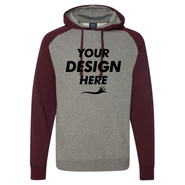 Independent Trading Co. Unisex Raglan Hooded Sweatshirt, Gunmetal Heather / Burgundy Heather, Front view, Mockup