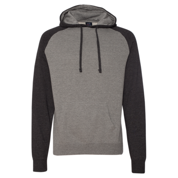 Independent Trading Co. Unisex Raglan Hooded Sweatshirt, Gunmetal Heather / Charcoal Heather, Front view