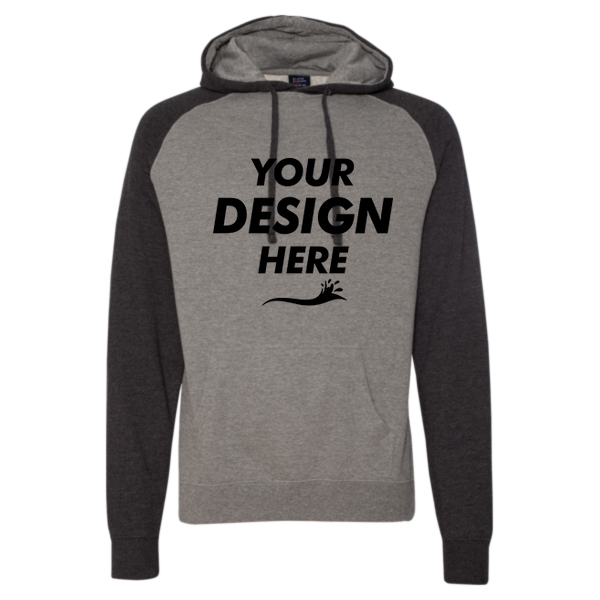 Independent Trading Co. Unisex Raglan Hooded Sweatshirt, Gunmetal Heather / Charcoal Heather, Front view, Mockup