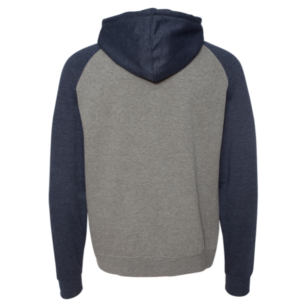 Independent Trading Co. Unisex Raglan Hooded Sweatshirt, Gunmetal Heather / Classic Navy Heather, Back view