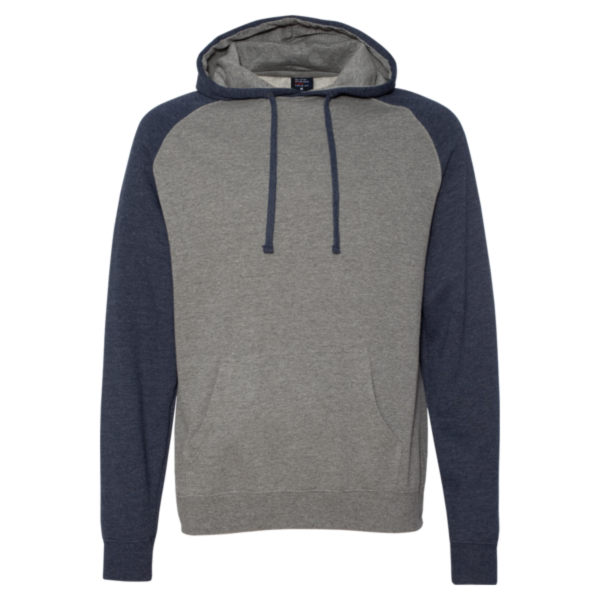 Independent Trading Co. Unisex Raglan Hooded Sweatshirt, Gunmetal Heather / Classic Navy Heather, Front view