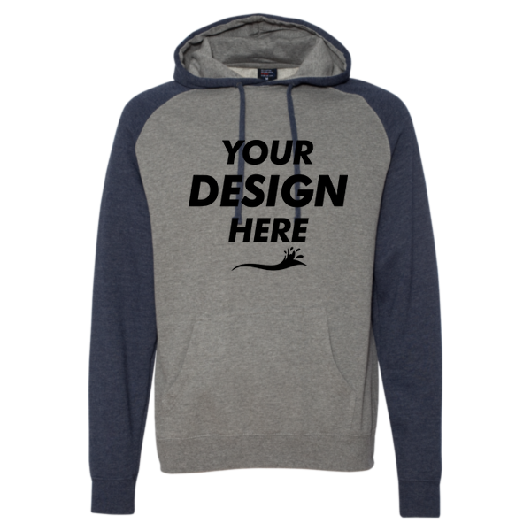 Independent Trading Co. Unisex Raglan Hooded Sweatshirt, Gunmetal Heather / Classic Navy Heather, Front view, Mockup