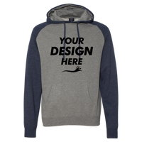 Independent Trading Co. Unisex Raglan Hooded Sweatshirt, Gunmetal Heather / Classic Navy Heather, Front view, Mockup