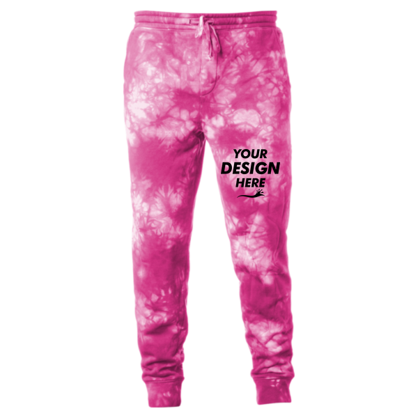 Independent Trading Co. Unisex Tie-Dyed Fleece Sweatpants, Tie Dye Pink, Front view, Mockup
