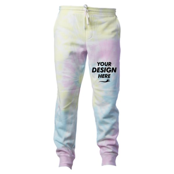 Independent Trading Co. Unisex Tie-Dyed Fleece Sweatpants, Tie Dye Sunset Swirl, Front view, Mockup