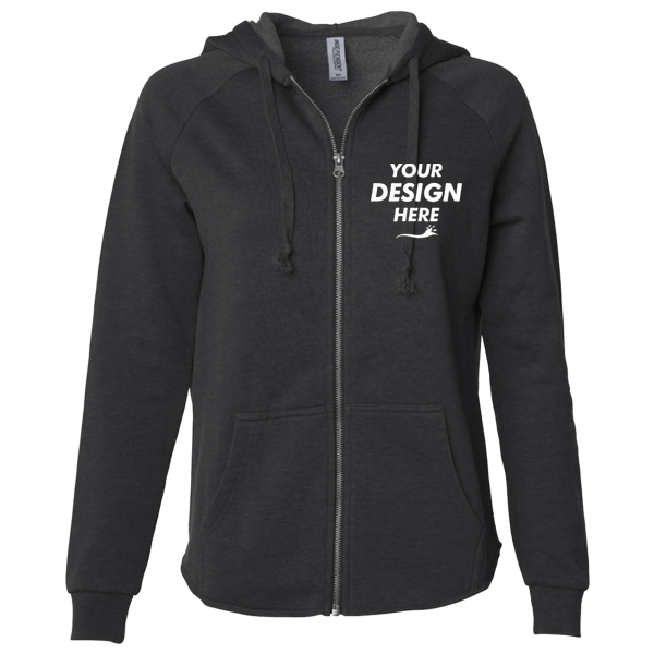 Independent Trading Co. Women's California Wave Wash Full-Zip Hooded Sweatshirt, Black, Front view, Mockup
