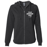 Independent Trading Co. Women's California Wave Wash Full-Zip Hooded Sweatshirt, Black, Front view, Mockup
