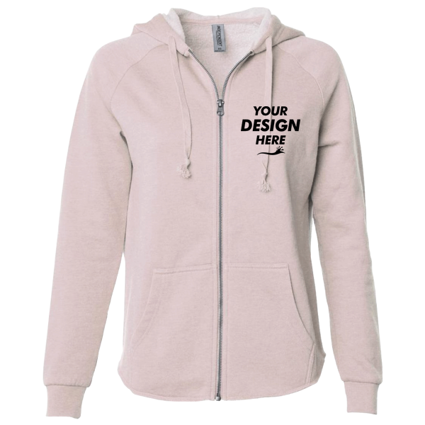 Independent Trading Co. Women's California Wave Wash Full-Zip Hooded Sweatshirt, Blush, Front view, Mockup