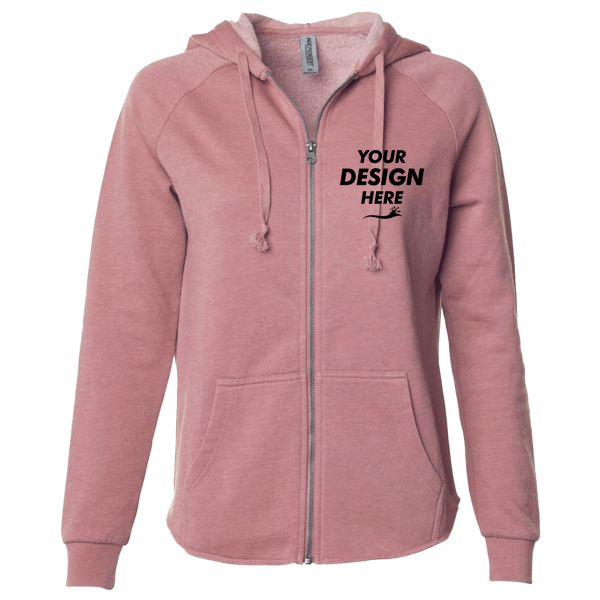 Independent Trading Co. Women's California Wave Wash Full-Zip Hooded Sweatshirt, Dusty Rose, Front view, Mockup