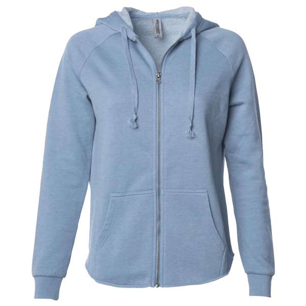 Independent Trading Co. Women's California Wave Wash Full-Zip Hooded Sweatshirt, Misty Blue, Front view