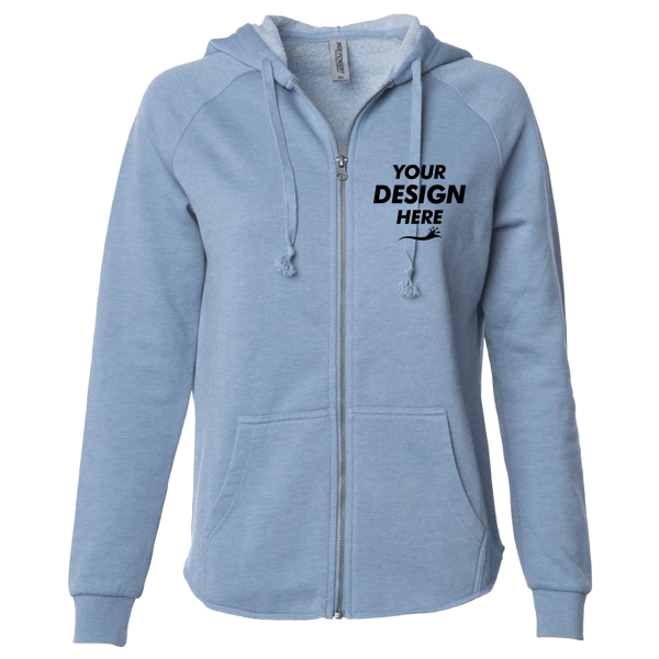 Independent Trading Co. Women's California Wave Wash Full-Zip Hooded Sweatshirt, Misty Blue, Front view, Mockup