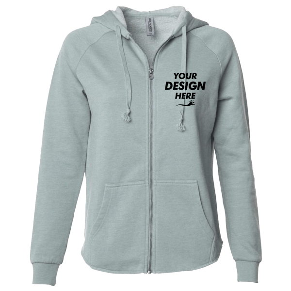 Independent Trading Co. Women's California Wave Wash Full-Zip Hooded Sweatshirt, Sage, Front view, Mockup