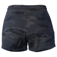 Independent Trading Co. Women’s Lightweight California Wave Wash Fleece Shorts, Black Camo Heather, Back view