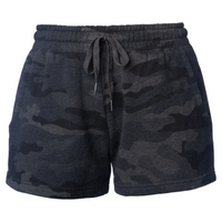 Independent Trading Co. Women’s Lightweight California Wave Wash Fleece Shorts, Black Camo Heather, Front view