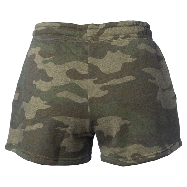 Independent Trading Co. Women’s Lightweight California Wave Wash Fleece Shorts, Forest Camo Heather, Back view