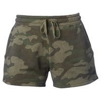 Independent Trading Co. Women’s Lightweight California Wave Wash Fleece Shorts, Forest Camo Heather, Front view
