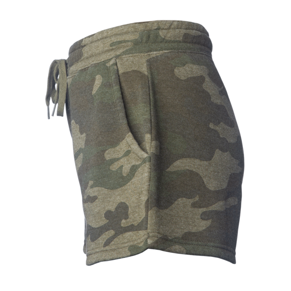 Independent Trading Co. Women’s Lightweight California Wave Wash Fleece Shorts, Forest Camo Heather, Left Side view
