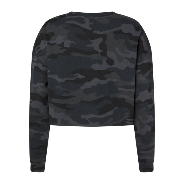 Independent Trading Co. Women's Lightweight Crop Crewneck Sweatshirt, Black Camo, Back view