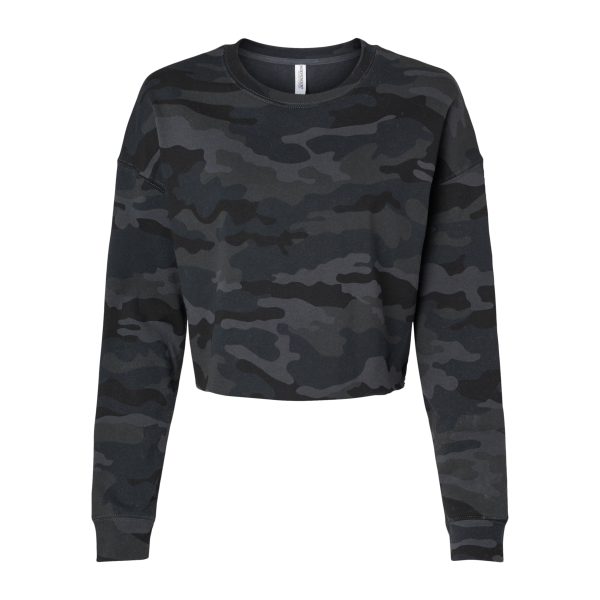 Independent Trading Co. Women's Lightweight Crop Crewneck Sweatshirt, Black Camo, Front view